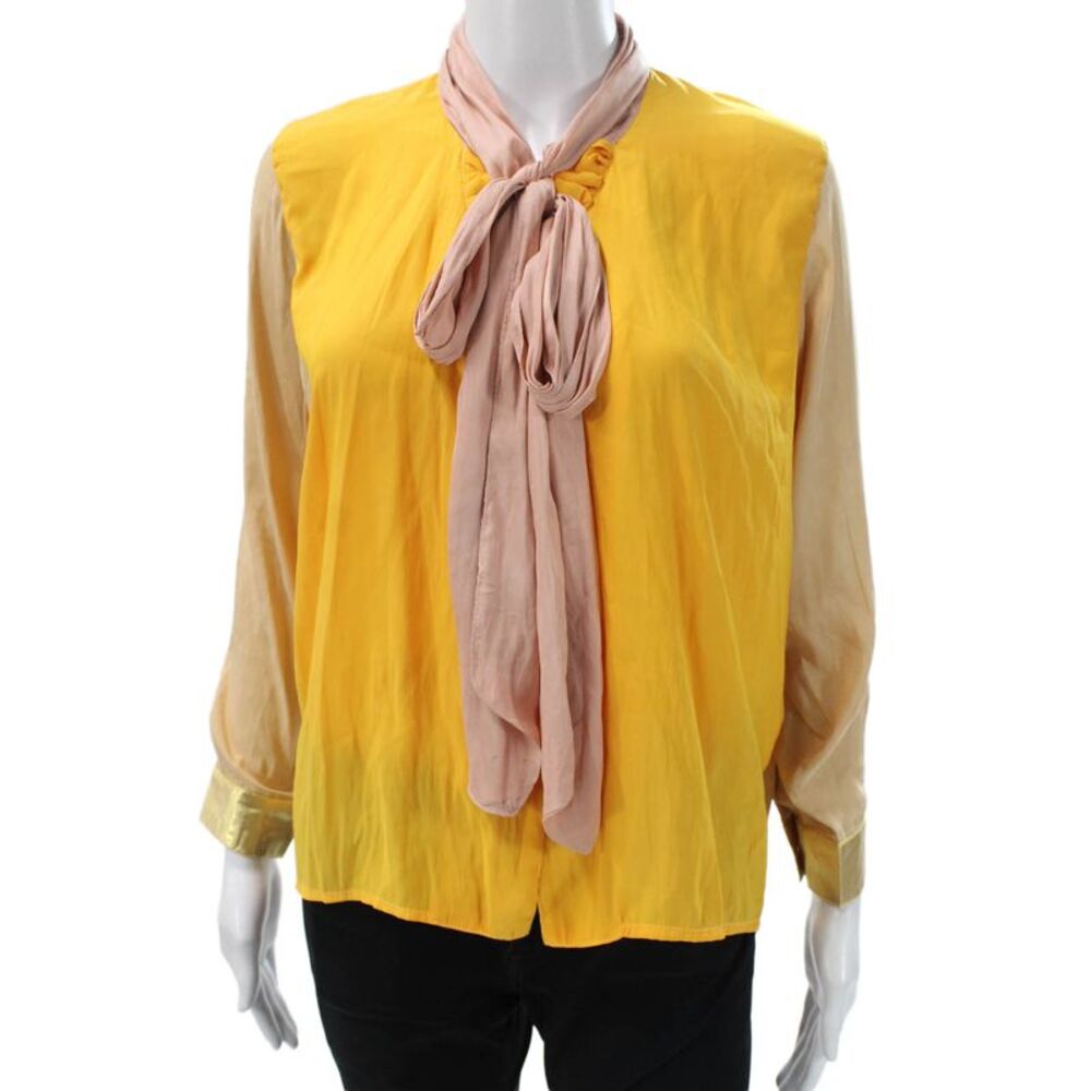 Claramonte Women Basic Viscose High Neck Long Sleeve Yellow Blouse Size S